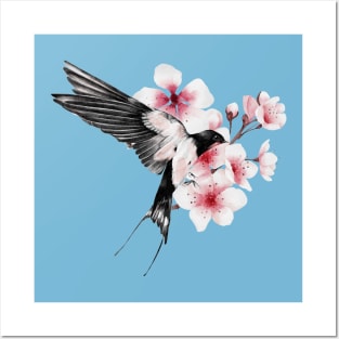 Beautiful Flying Swallow and Sakura Blossom - japanese painting Posters and Art